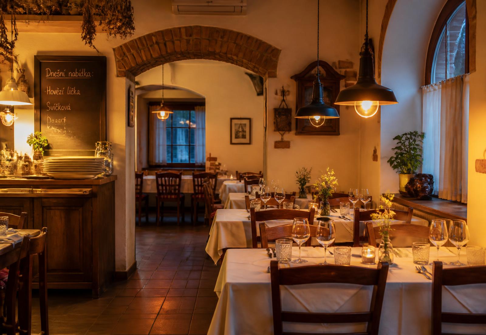 Interiér restaurace U Dihlů v Žimrovicích s prostřenými stoly